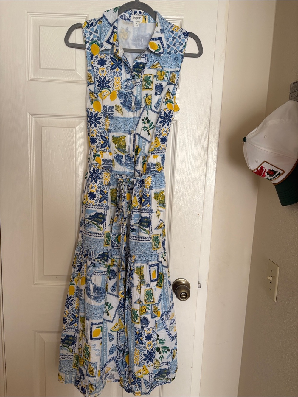 J. Crew Blue, White & Yellow Printed Sleeveless Midi Dress